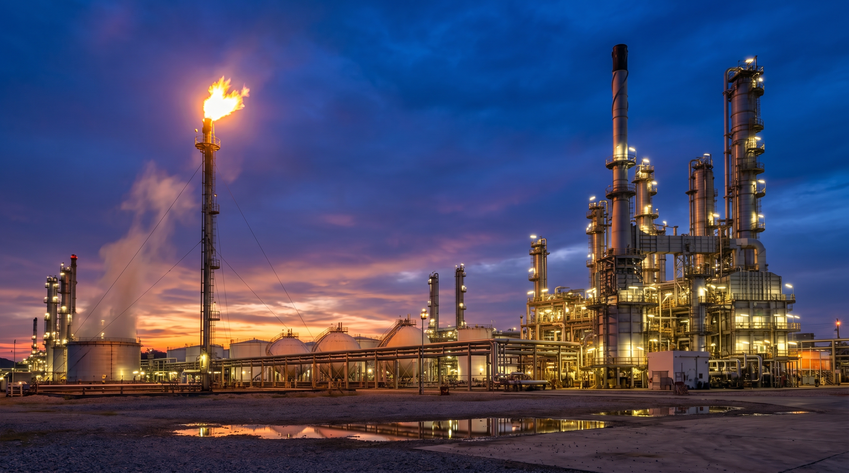 An oil and gas refinery with lit towers and a flare stack burns at dusk.