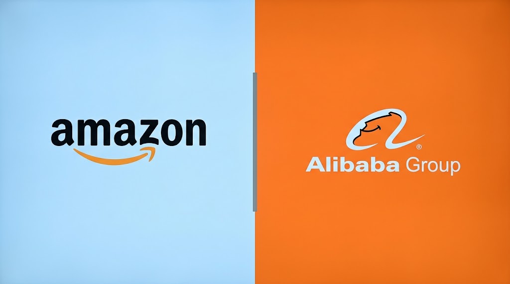 Side-by-side logos of Amazon and Alibaba Group on blue and orange backgrounds.