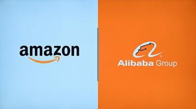 Side-by-side logos of Amazon and Alibaba Group on blue and orange backgrounds.