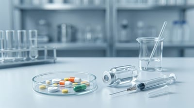 Assorted pharmaceutical pills, a medicine vial, and a syringe arranged on a laboratory bench.