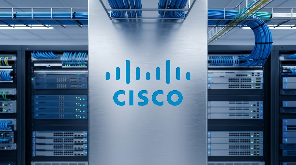 Cisco logo displayed on a server rack panel inside a data center.