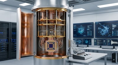 A quantum computer with layered gold and copper components sits open in a research laboratory setting.
