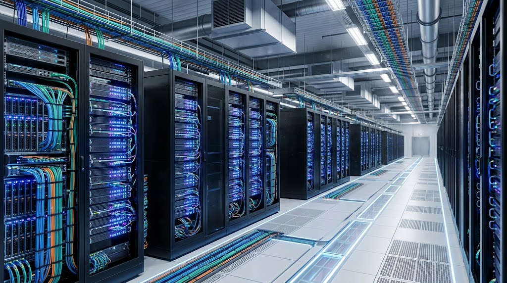 Rows of server racks with multicolored cables fill a large commercial data center facility.