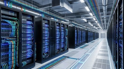 Rows of server racks with multicolored cables fill a large commercial data center facility.