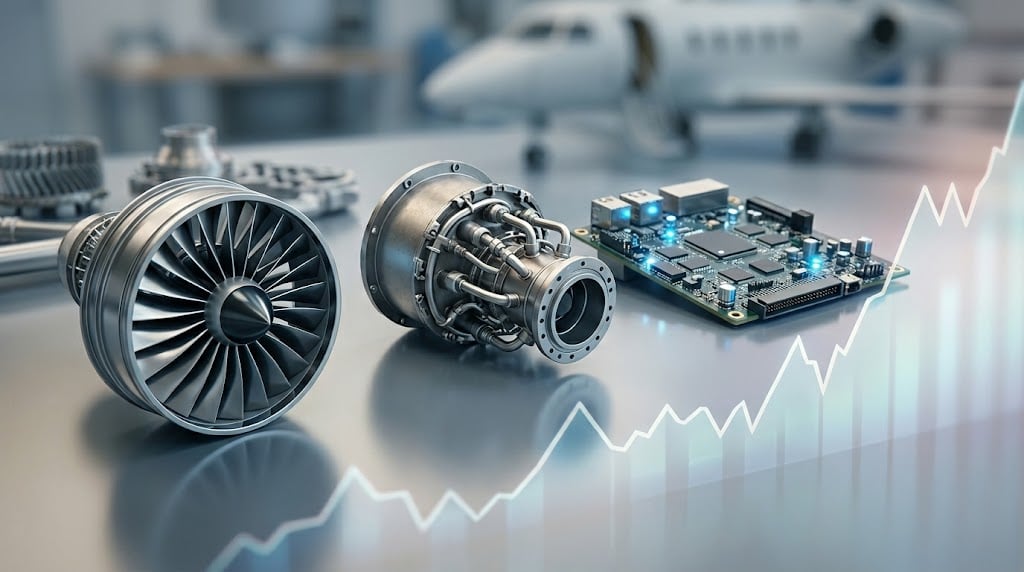 Aerospace engine components and a circuit board are displayed alongside an upward-trending stock chart line.