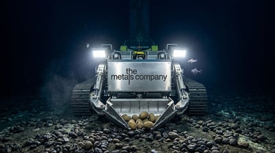 The Metals Company branded deep-sea mining robot collects polymetallic nodules on the ocean floor.