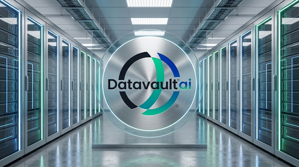 Datavault AI logo displayed on a circular metallic sign inside a server room.
