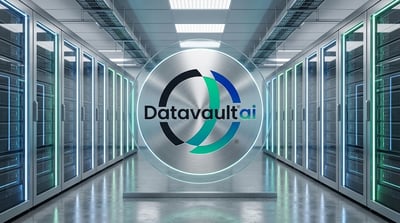 Datavault AI logo displayed on a circular metallic sign inside a server room.