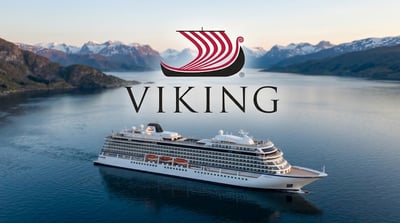 Viking cruise ship sailing on a fjord with snow-capped mountains, overlaid with the Viking logo.