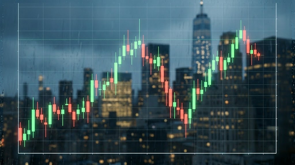 A candlestick stock price chart overlaid on a blurred urban skyline at dusk.