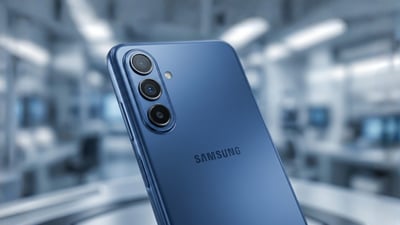 Rear view of a blue Samsung Galaxy A07 4G smartphone showing a triple-camera array and Samsung branding.