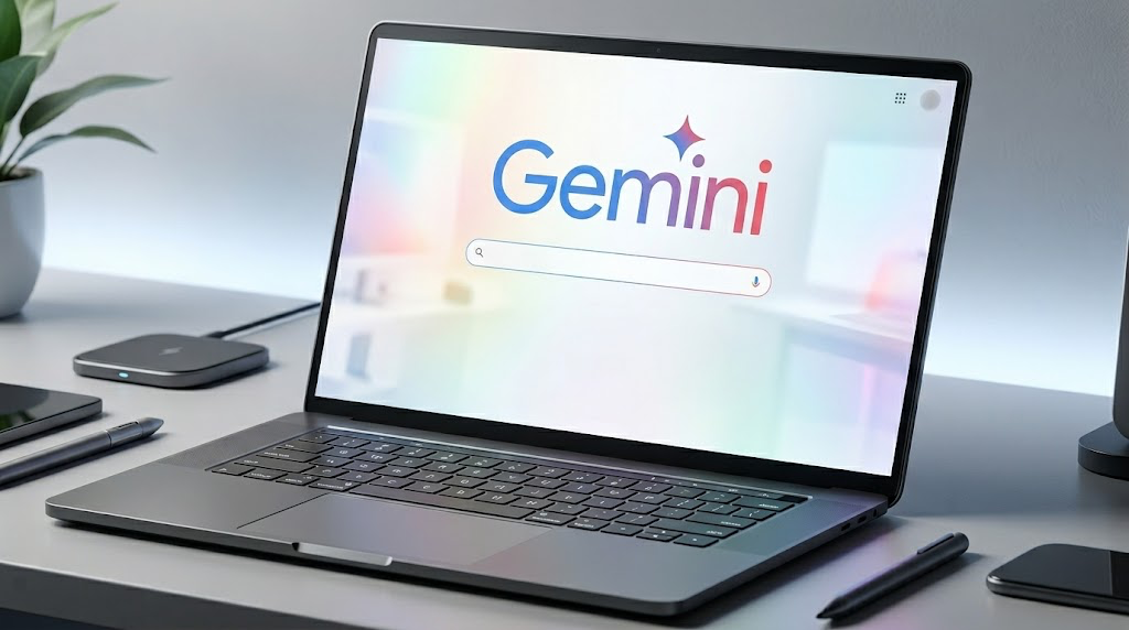 A laptop on a desk displays the Google Gemini AI interface with a search bar.