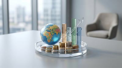 A globe, stacked coins, and rising bar charts on a glass tray represent global investment growth.