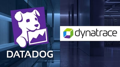 Logos for Datadog and Dynatrace displayed against a dark data center background.