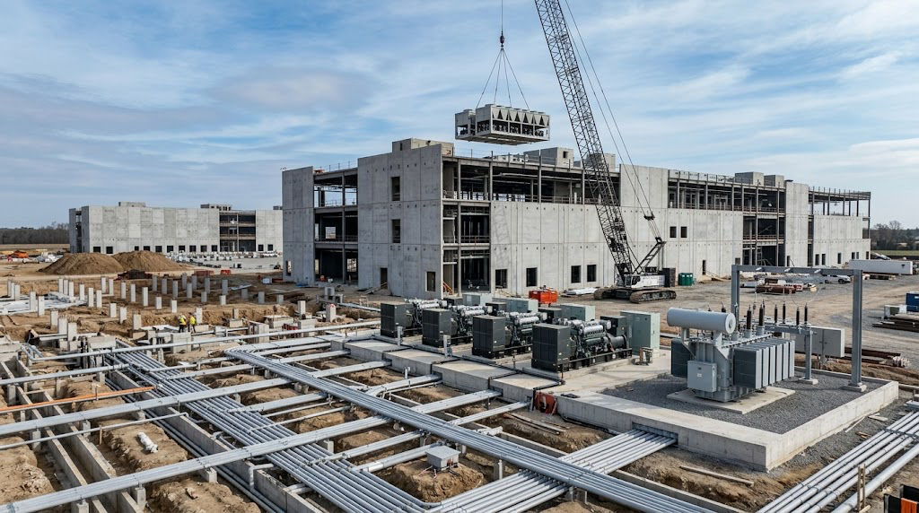 A large data center under construction with a crane, electrical transformers, generators, and conduit infrastructure visible.