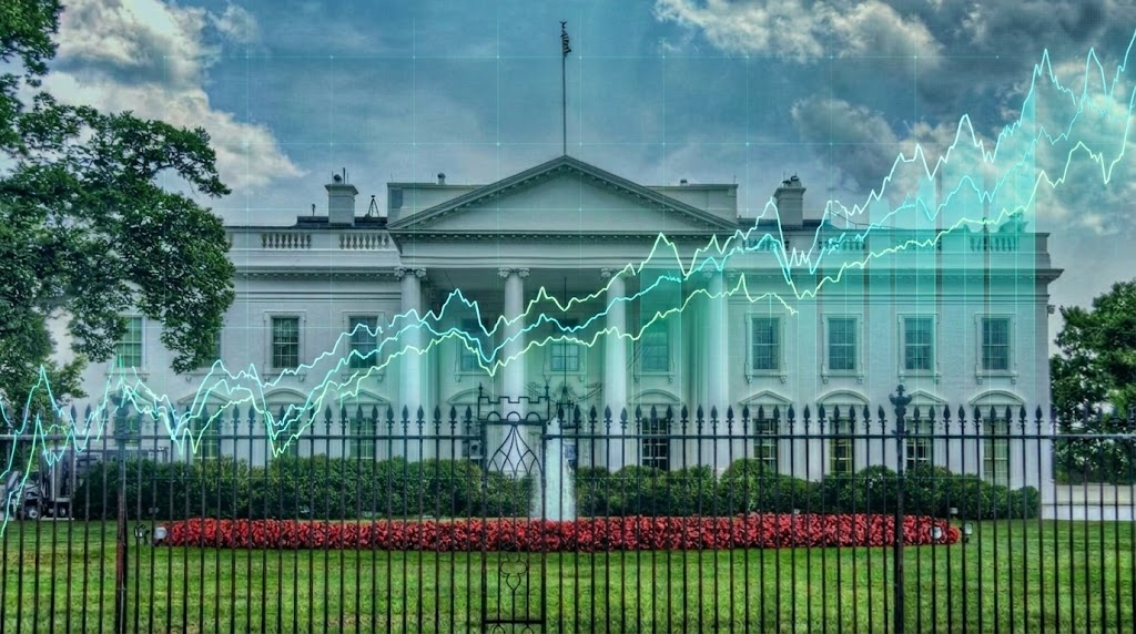 Stock chart lines overlaid on a photograph of the White House in Washington, D.C.