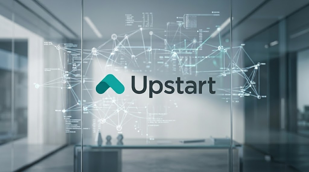 Upstart Holdings logo displayed on a glass office partition overlaid with a digital network graphic.