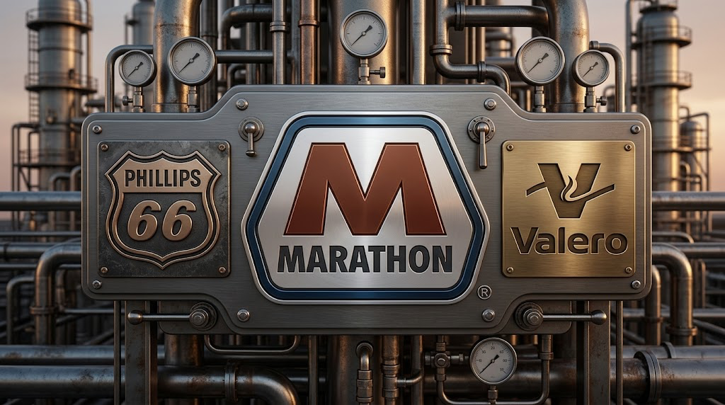 Logos for Phillips 66, Marathon, and Valero displayed against an industrial oil refinery backdrop.