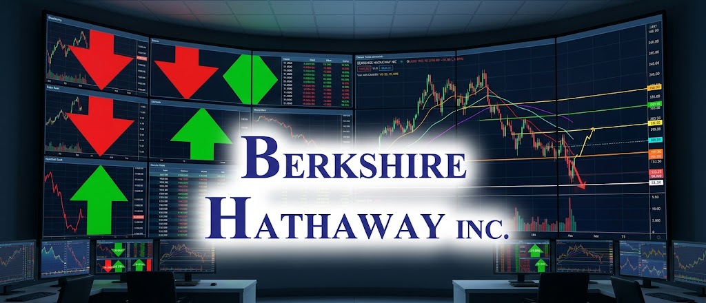 Berkshire Hathaway Inc. name displayed over a trading room with stock charts and price monitors.