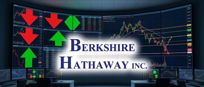 Berkshire Hathaway Inc. name displayed over a trading room with stock charts and price monitors.
