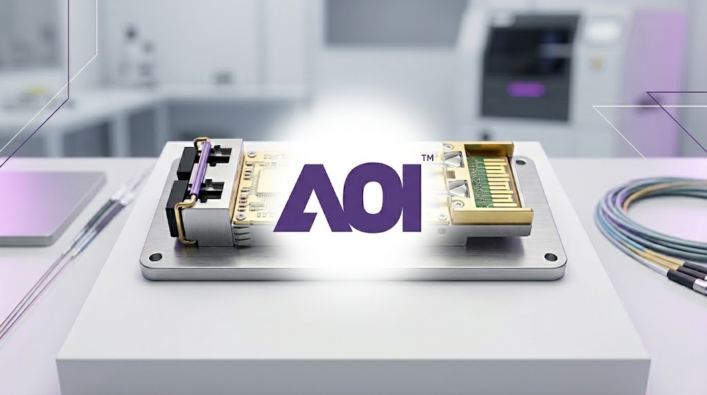 Applied Optoelectronics (AOI) logo overlaid on an optical transceiver module displayed in a laboratory setting.