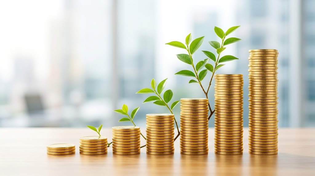Six stacks of gold coins increasing in height, each topped with a growing green plant, symbolizing investment growth.
