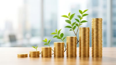 Six stacks of gold coins increasing in height, each topped with a growing green plant, symbolizing investment growth.