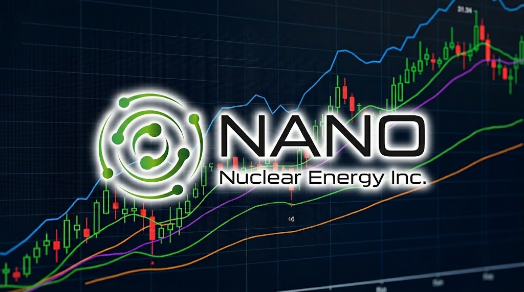 NANO Nuclear Energy Inc. logo overlaid on a candlestick stock price chart with multiple moving average lines.
