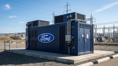 A Ford-branded industrial energy storage container unit installed at an outdoor electrical substation.