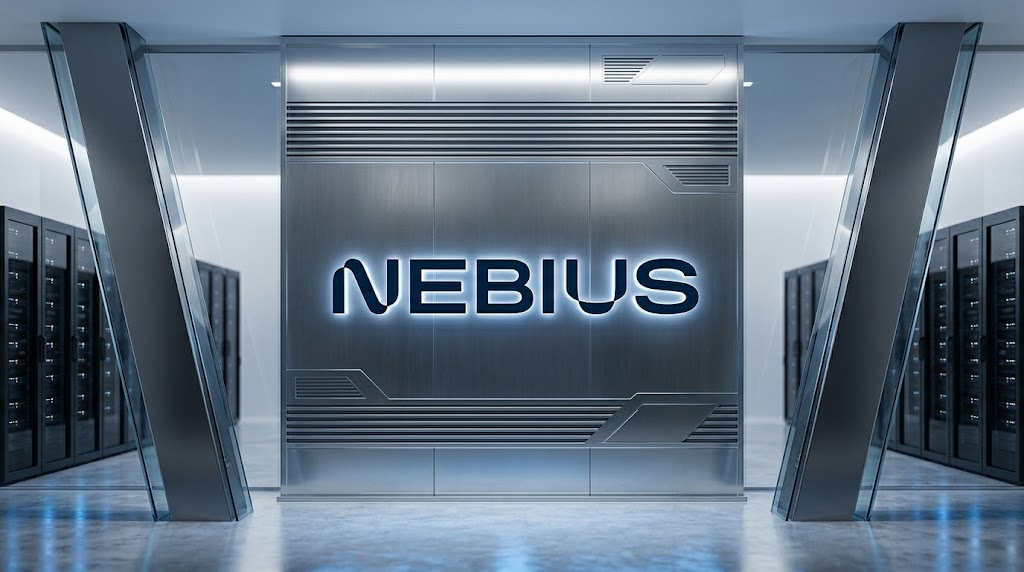 Nebius Group logo displayed on a metallic wall inside a modern data center facility.