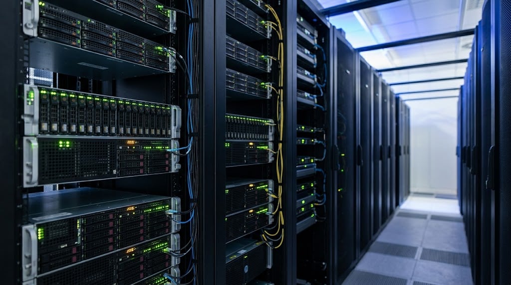 Rows of rack-mounted servers with green indicator lights fill a data center aisle.