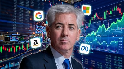 Bill Ackman shown against a stock chart background with Google, Amazon, Microsoft, and Meta logos.