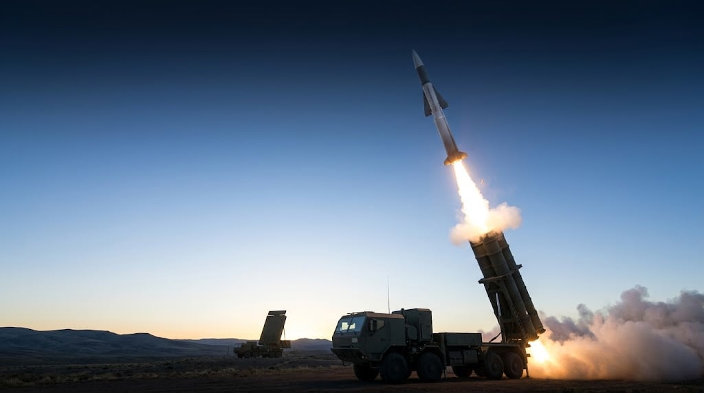 A missile launches from a military ground-based launcher system at dusk in an open desert setting.