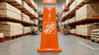 A Home Depot branded orange safety cone stands in a lumber aisle inside a store warehouse.
