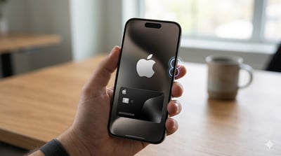 A hand holds an iPhone displaying the Apple Card and Apple logo on screen.