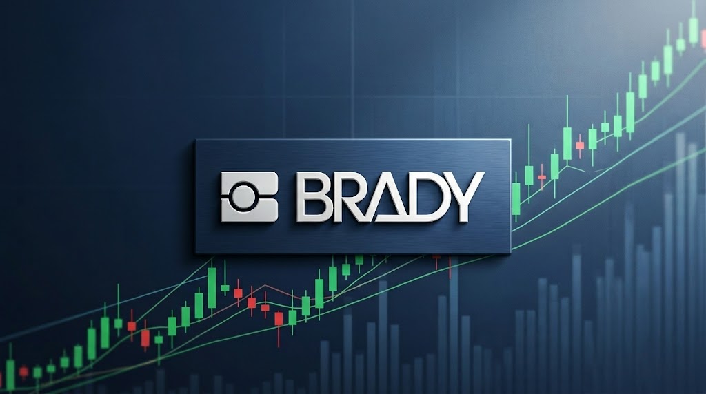 Brady Corporation logo displayed against a dark background with an upward-trending candlestick stock chart.