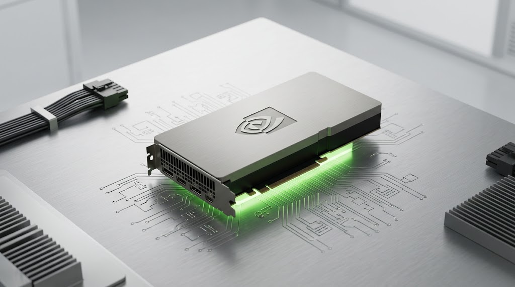 An Nvidia-branded GPU card with green lighting sits on a circuit board surface.