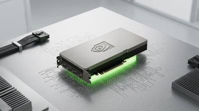 An Nvidia-branded GPU card with green lighting sits on a circuit board surface.