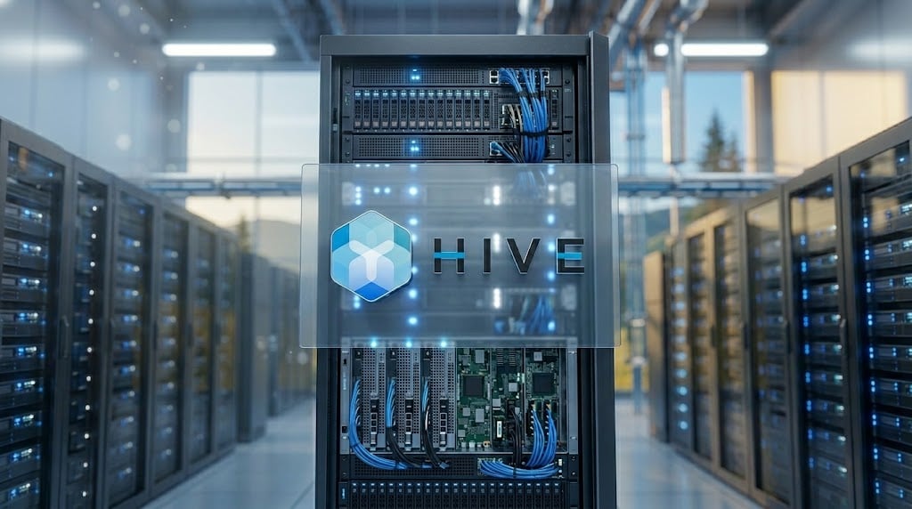 HIVE Digital Technologies logo overlaid on a server rack inside a data center facility.