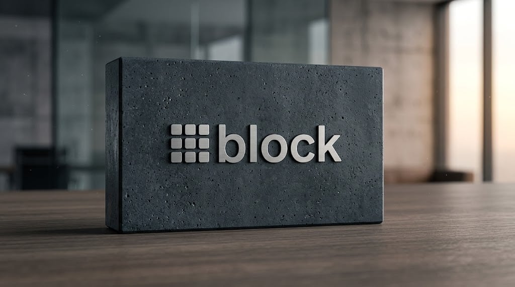 Block Inc. logo displayed on a dark stone plaque resting on a wooden surface.