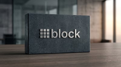 Block Inc. logo displayed on a dark stone plaque resting on a wooden surface.