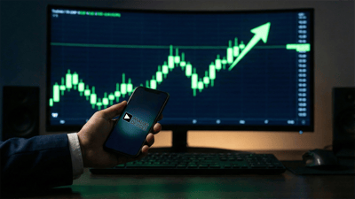 A hand holds a smartphone displaying the Analog Devices logo in front of a candlestick stock chart on a monitor.