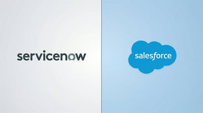 Side-by-side logos of ServiceNow and Salesforce on light gray and blue backgrounds.