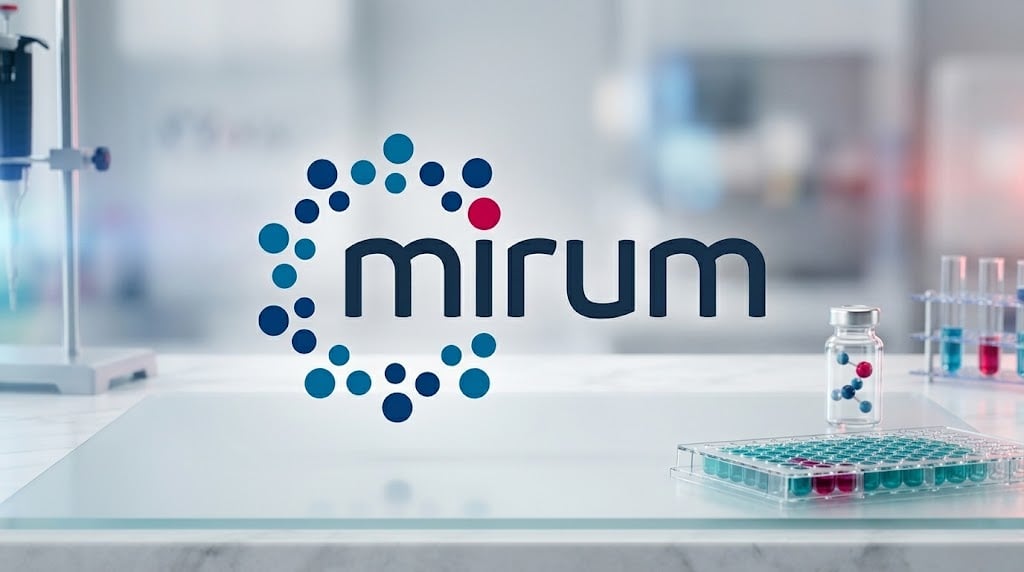 Mirum Pharmaceuticals logo displayed over a blurred laboratory setting with scientific equipment.