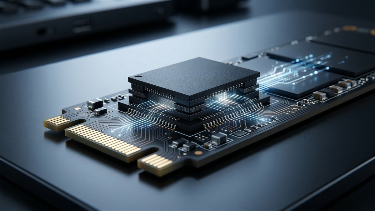 Close-up of an M.2 solid-state drive with a mounted controller chip on a dark surface.