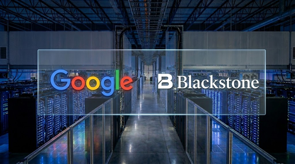 Google and Blackstone logos overlaid on a data center interior with rows of servers.