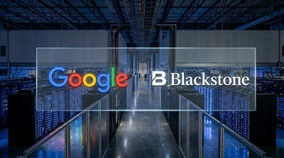 Google and Blackstone logos overlaid on a data center interior with rows of servers.