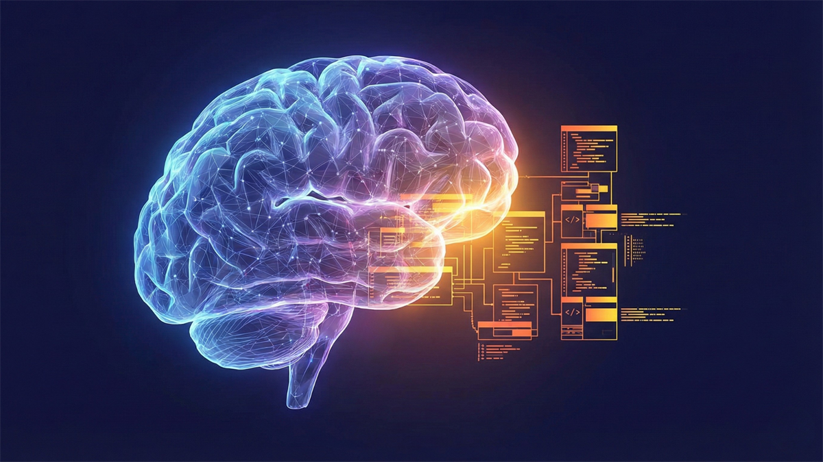 A digital illustration of a glowing human brain connected to floating code and data panels, representing artificial intelligence.