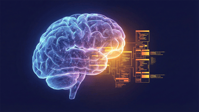 A digital illustration of a glowing human brain connected to floating code and data panels, representing artificial intelligence.