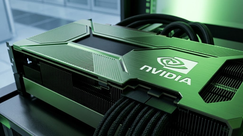 An Nvidia-branded GPU with the company's logo displayed on green hardware in a data center setting.